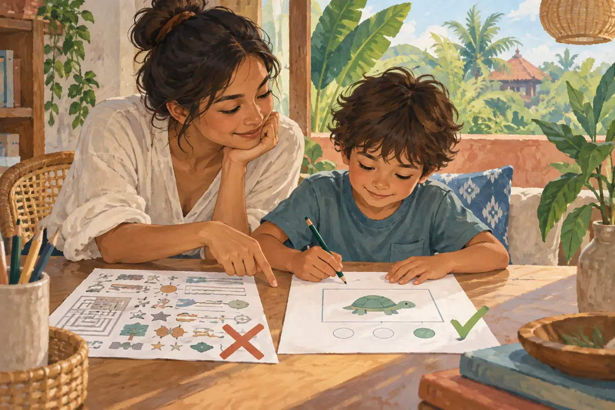 AI-generated child working from a simplified view of a worksheet while a busy version sits beside it.