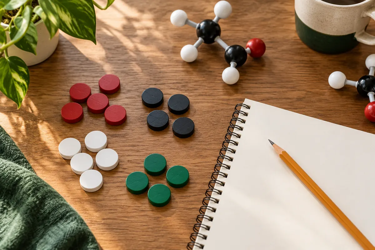 AI-generated still life of coloured counters and model pieces beside a notebook.