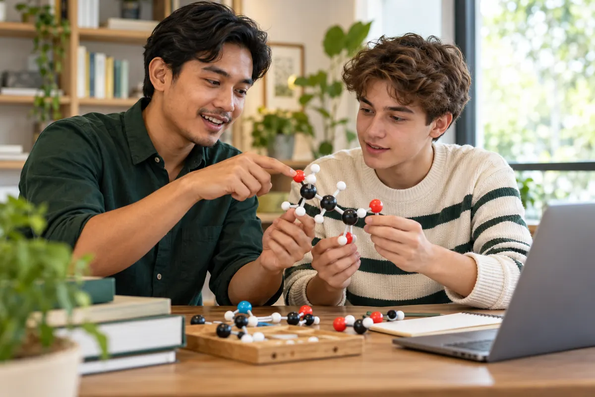 AI-generated illustration of a fictional educator and teenager using molecular model pieces.