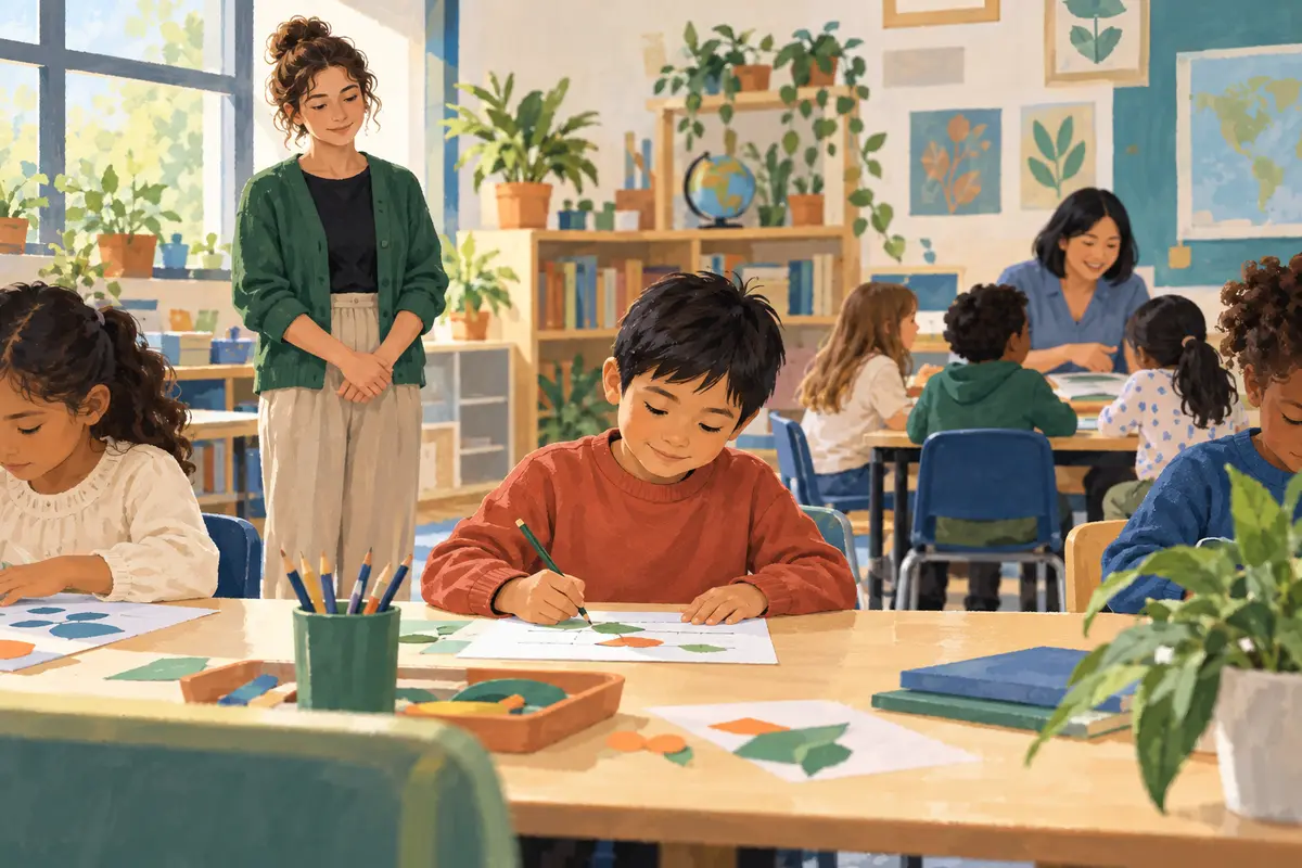 AI-generated classroom where a learner begins work while a support educator observes from a respectful distance.