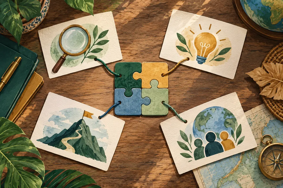AI-generated puzzle with four cards representing different routes into deeper thinking.