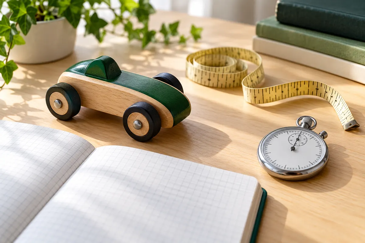 AI-generated still life of a toy car, timing equipment and squared notebook.