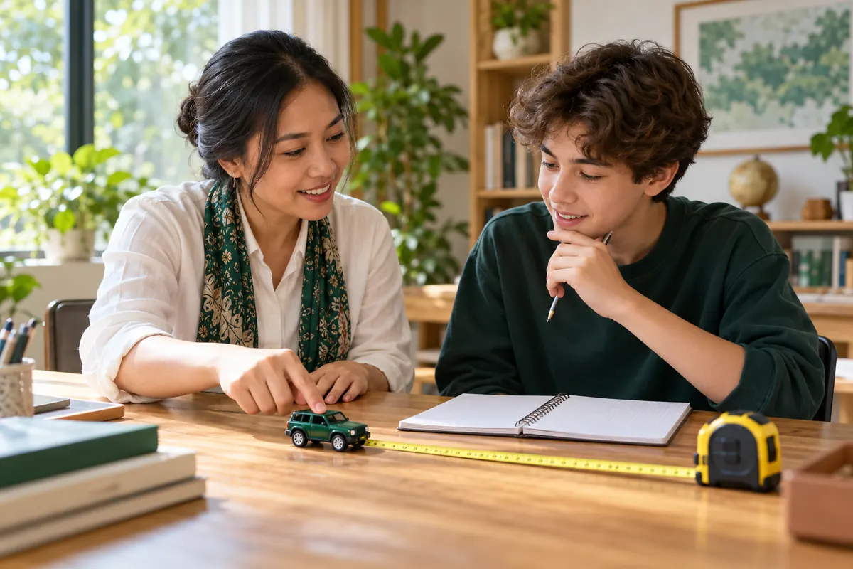 AI-generated scene of a fictional educator and teenager discussing motion with a toy car.