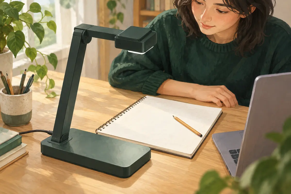 AI-generated stable camera stand positioned above an open notebook.