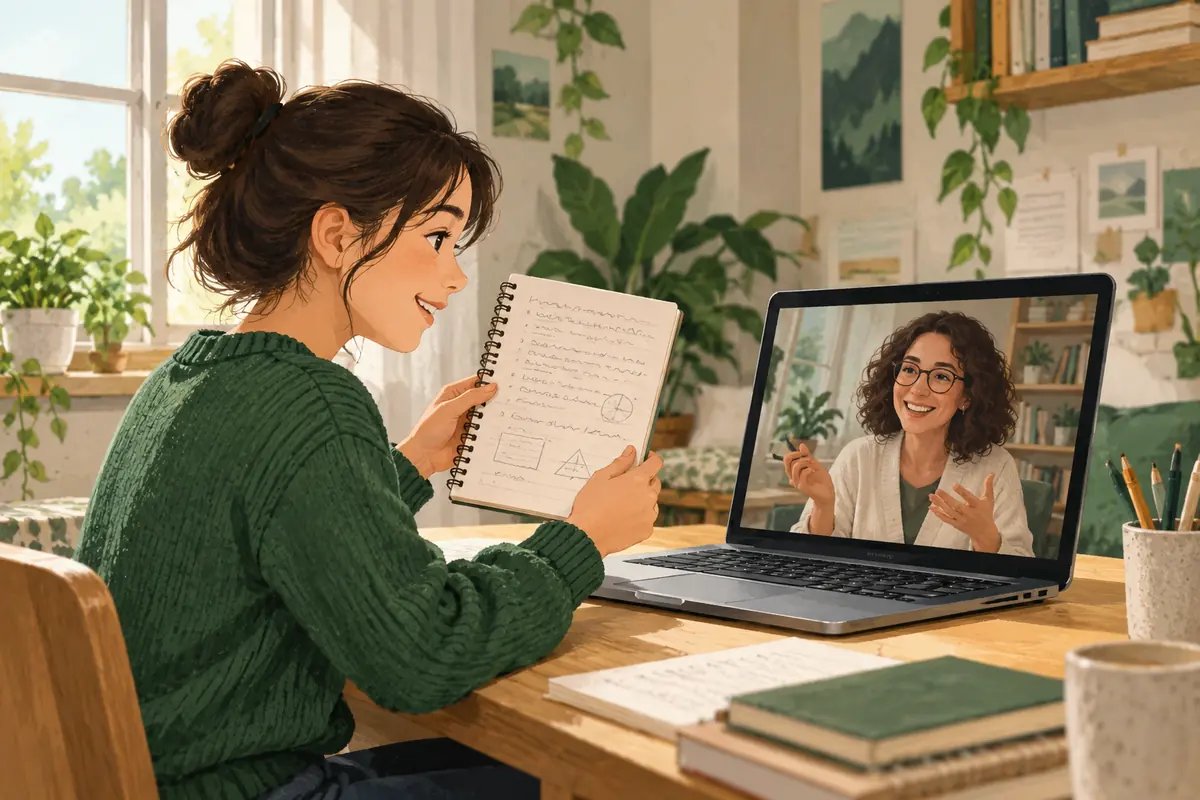AI-generated fictional teenager showing a paper beside a laptop.