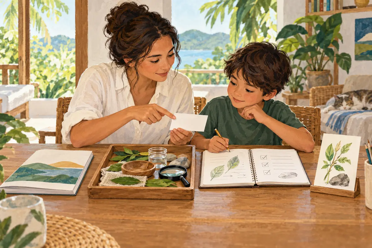 AI-generated homeschool educator and child planning a lesson from an objective card.