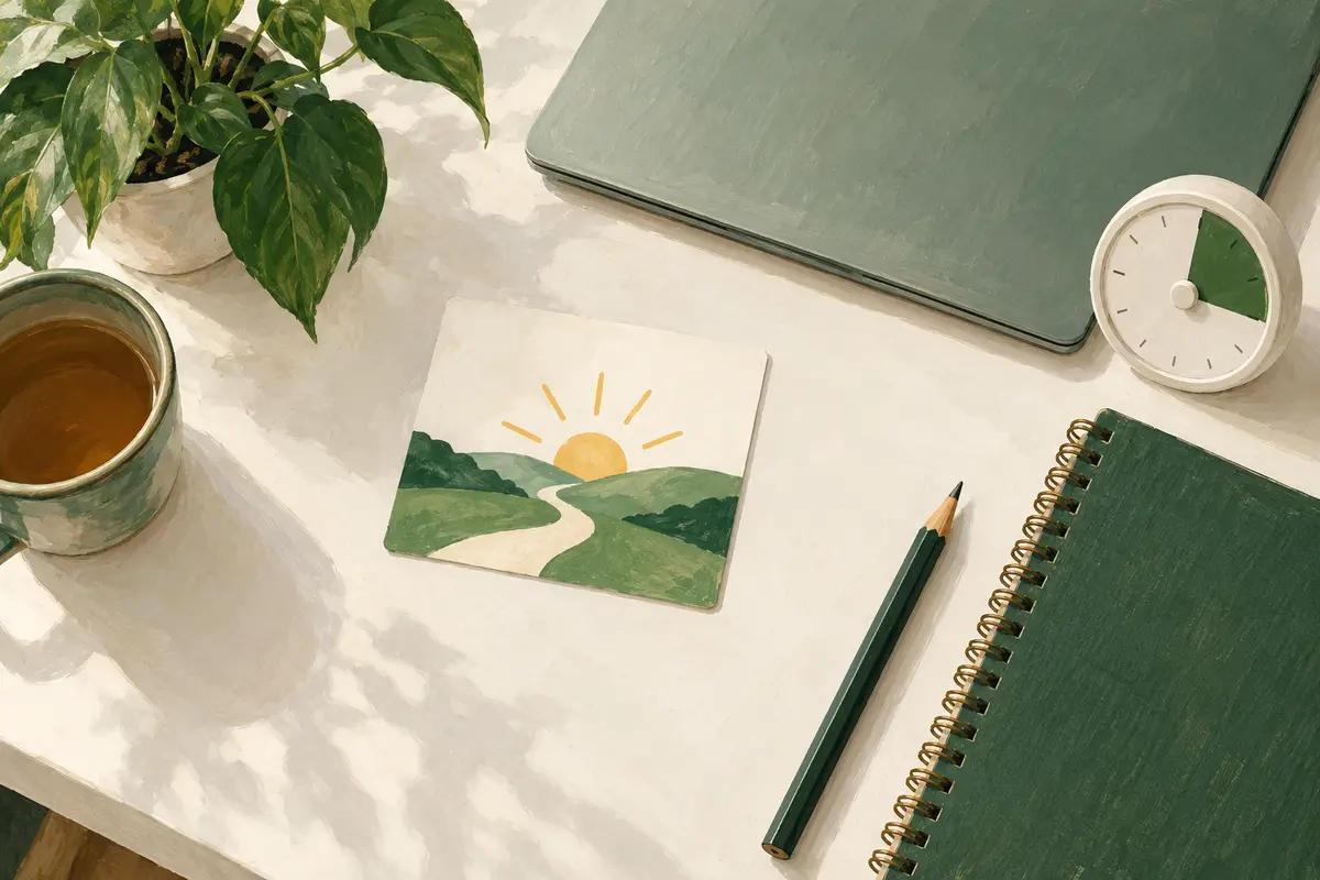 AI-generated visual start card, closed laptop and school materials.