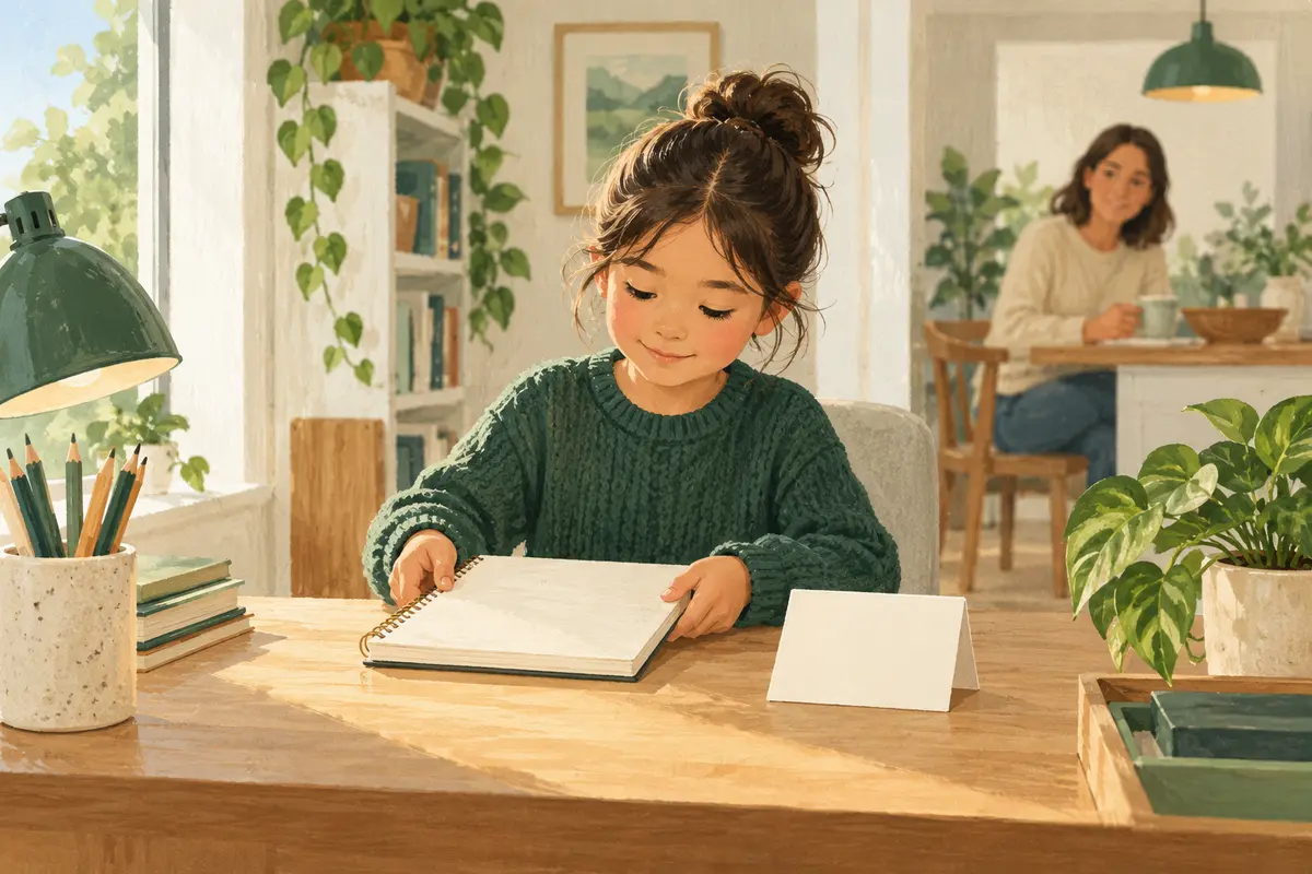 AI-generated child beginning a homework routine beside a visual start card.