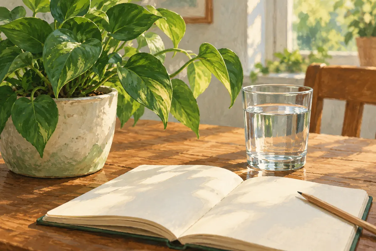 AI-generated plant, glass of water and open notebook on a table.