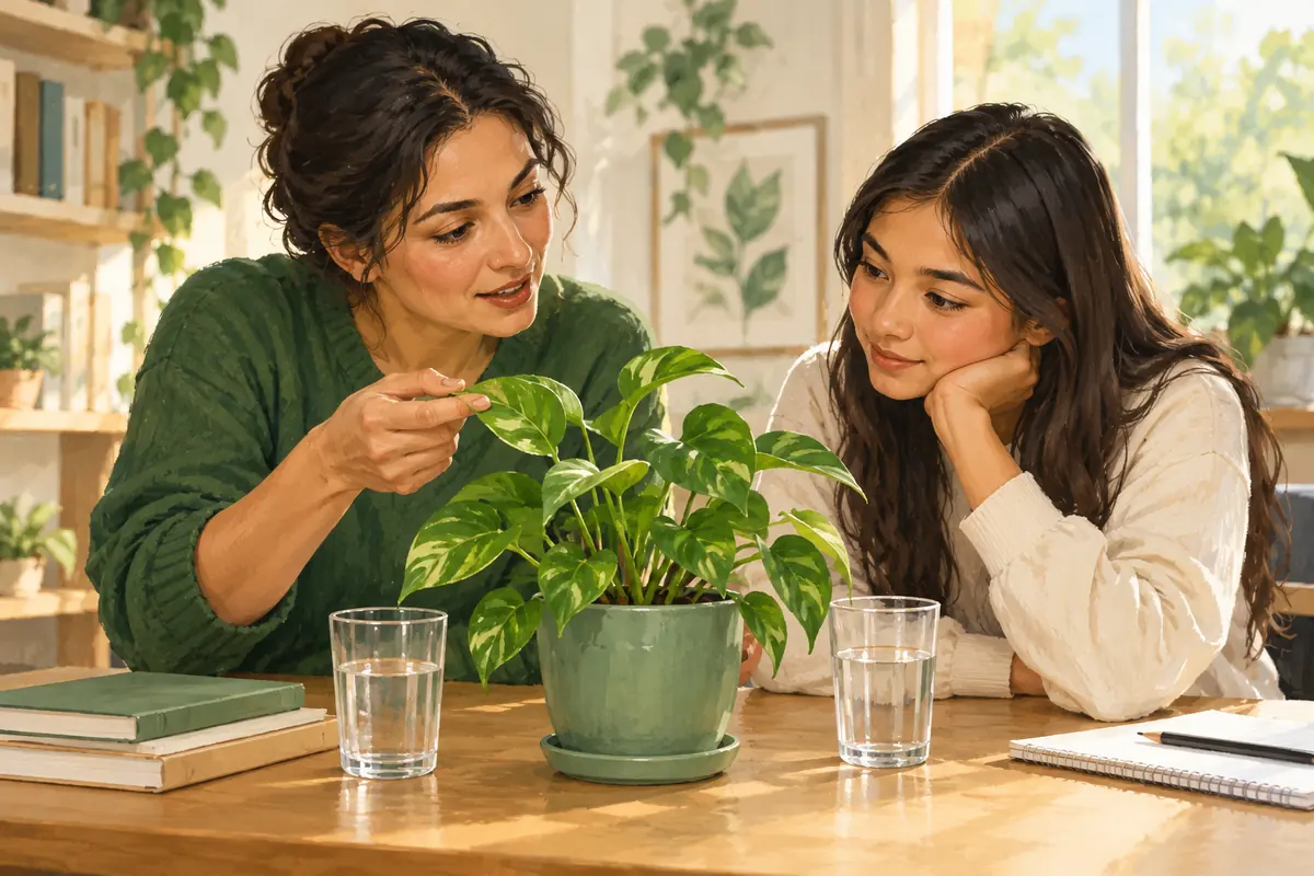 AI-generated educator and pupil discussing a plant at a study table.