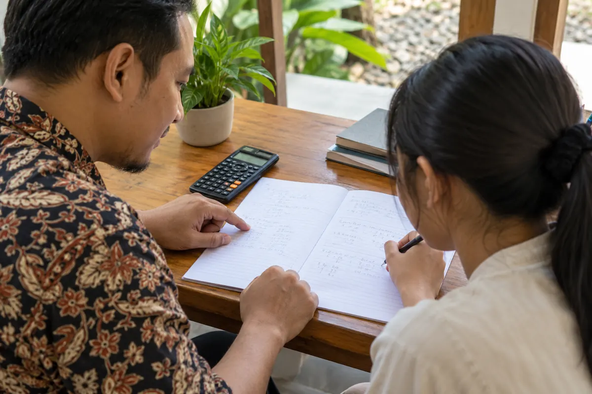 AI-generated photo of a fictional Indonesian teacher and student checking percentage work with a calculator.