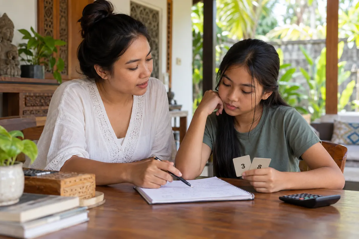 AI-generated photo of a fictional Indonesian maths teacher and student comparing number cards.