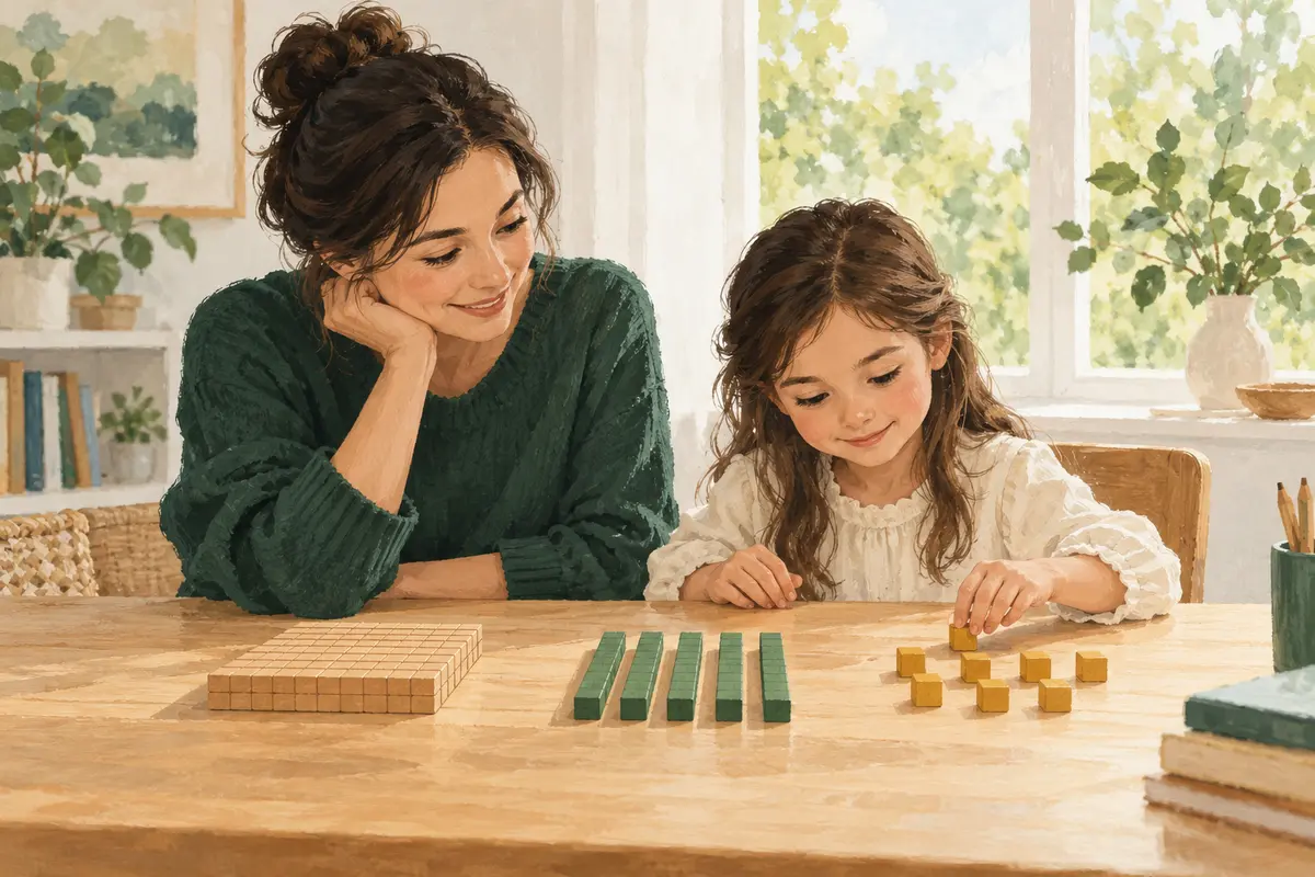 AI-generated educator and child arranging place-value counters at a study table.
