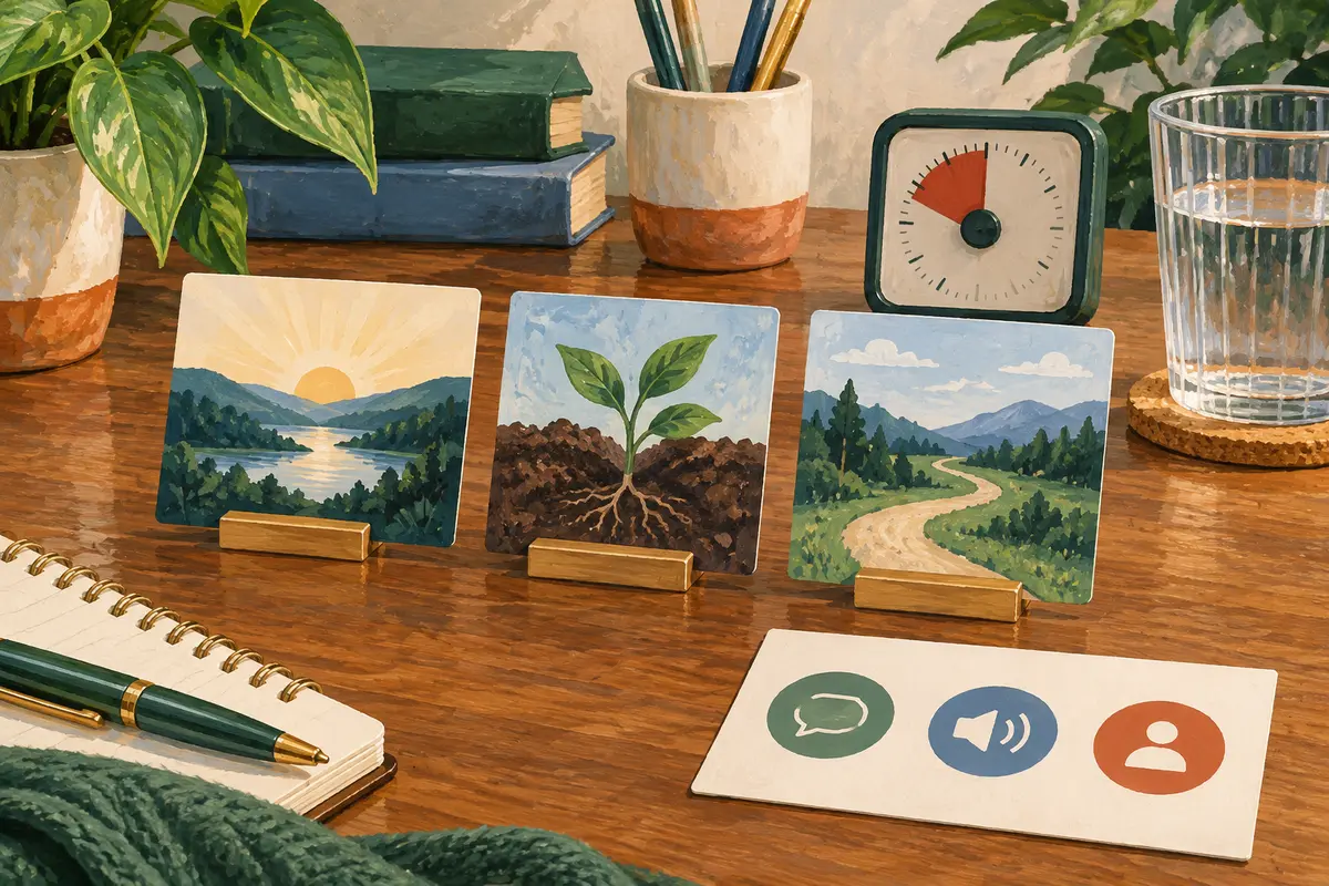 AI-generated cue-card set with opening, example and closing images beside a timer and feedback symbols.