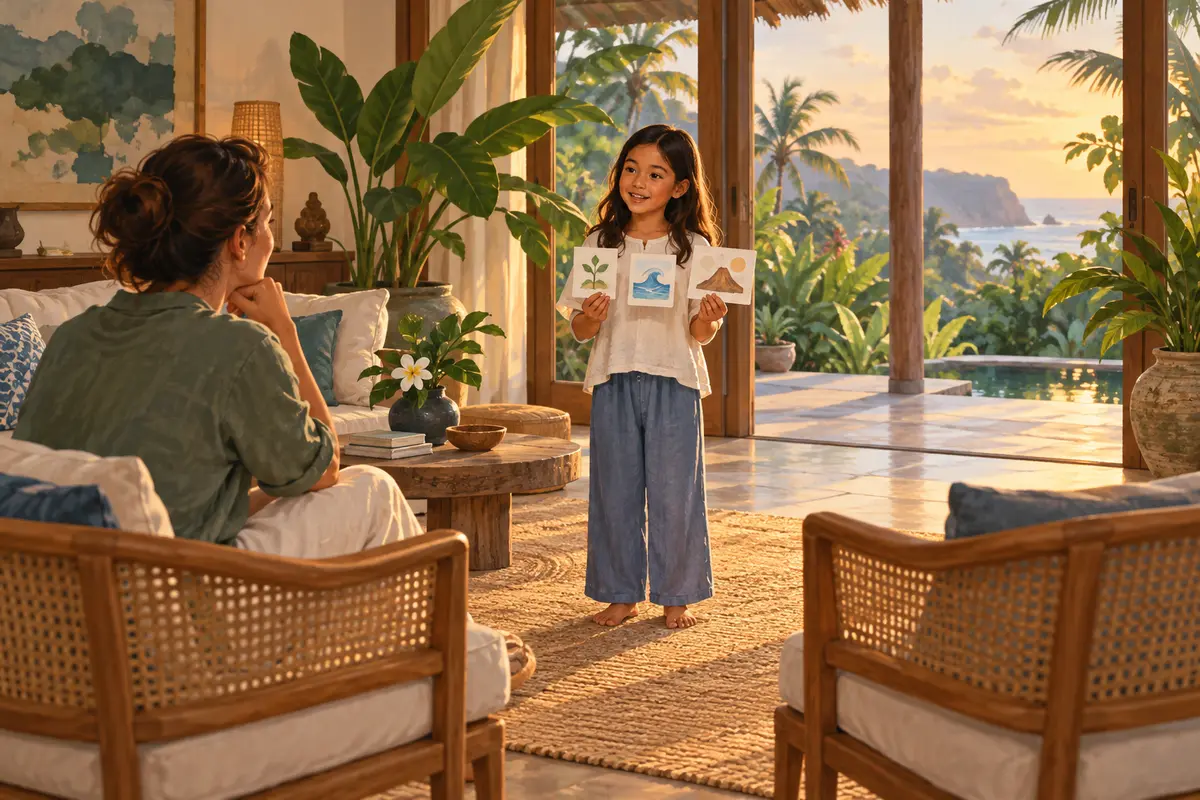 AI-generated learner rehearsing a presentation with three picture cue cards for a fictional adult audience.
