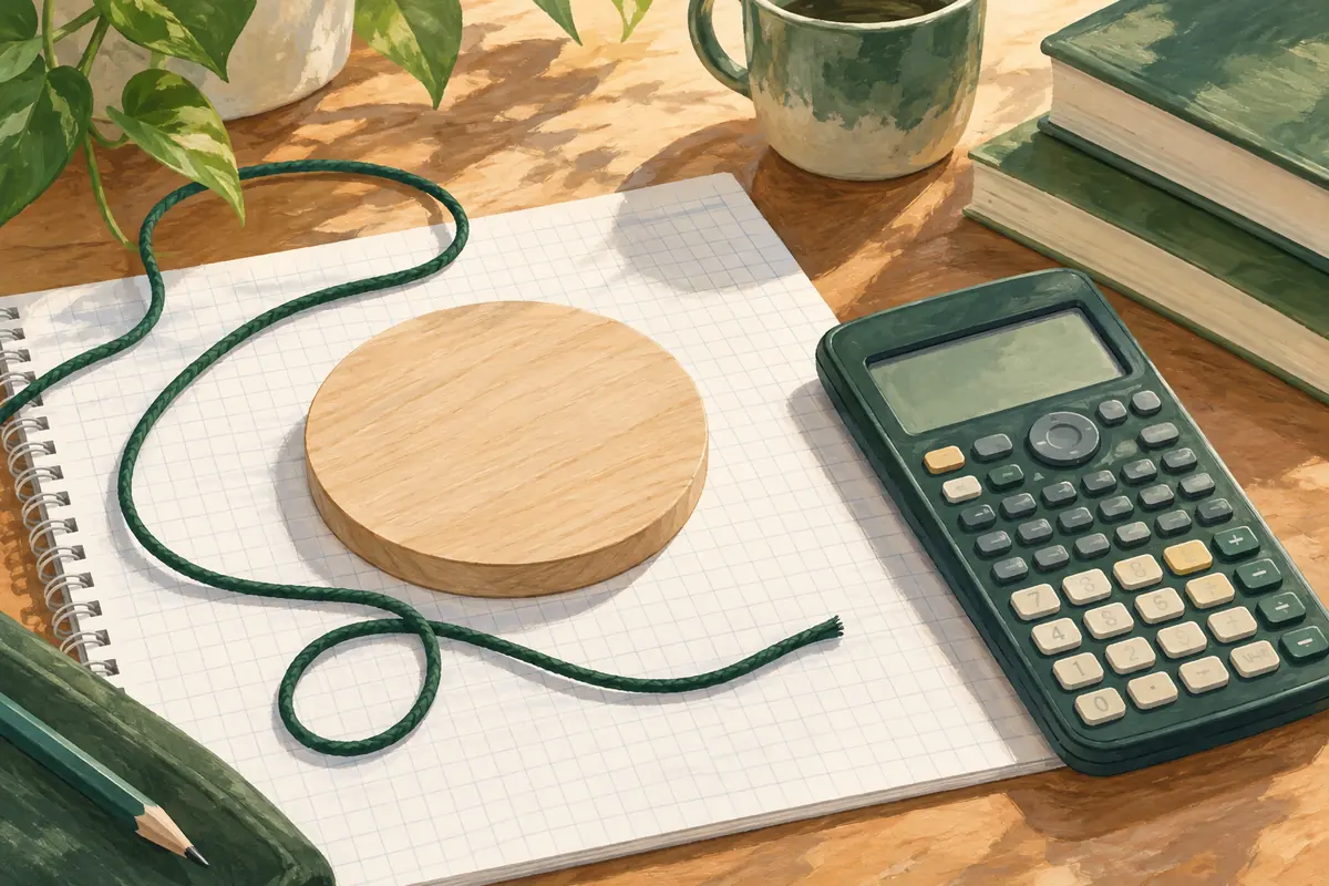 AI-generated circular disc, cord and calculator on study paper.