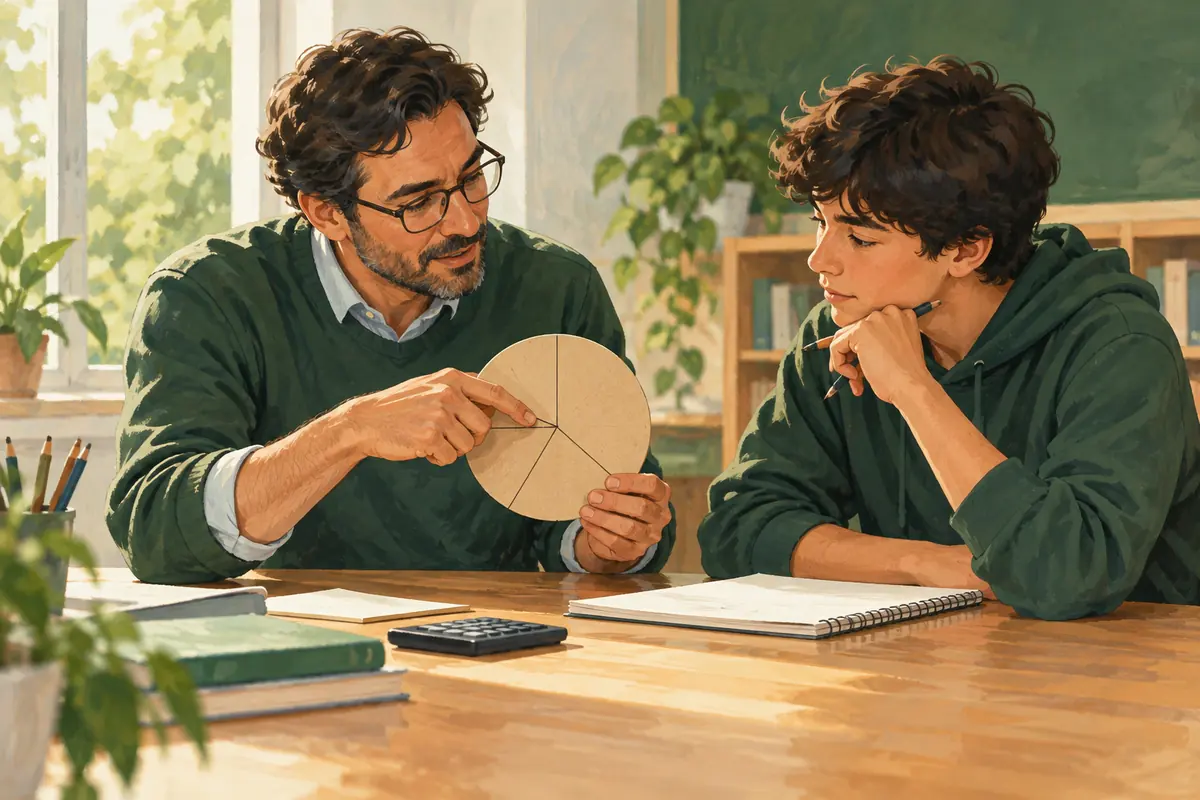 AI-generated educator and teenager discussing a circular model.