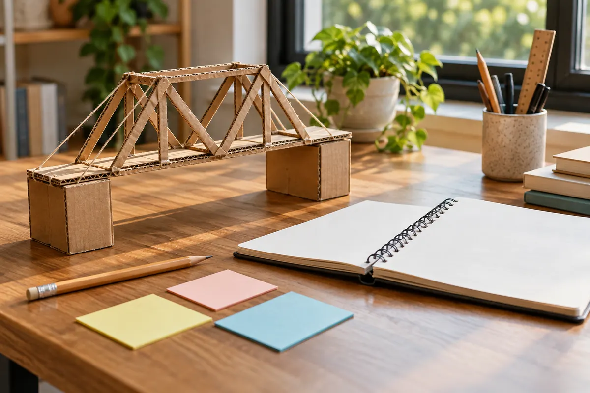 AI-generated illustration of a cardboard bridge and project notebook.