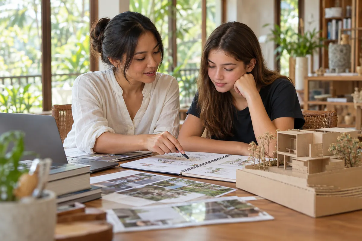 AI-generated illustration of an adult and student reviewing a project. People and setting are fictional.