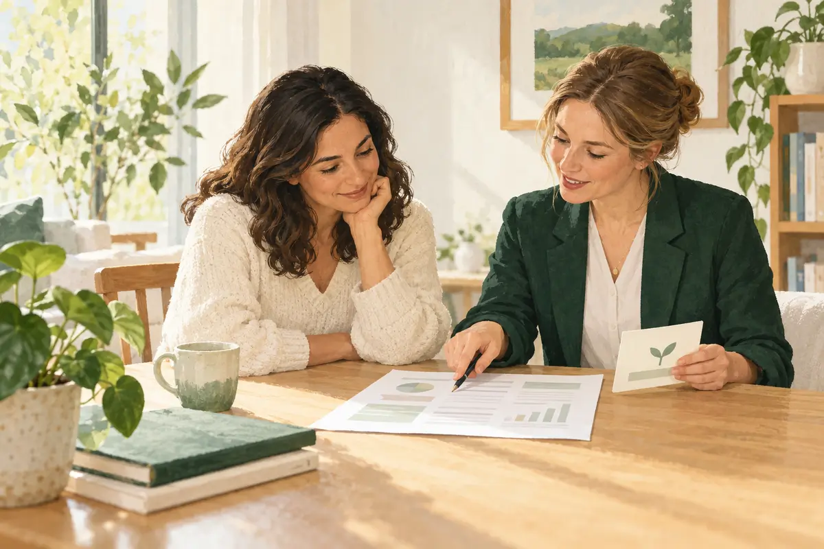 AI-generated parent and educator reviewing a fictional school report at a table.