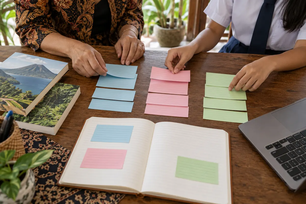 AI-generated overhead photo of fictional Indonesian teacher and student hands sorting research note cards.