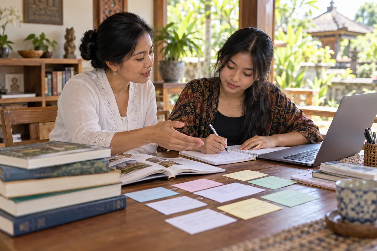 AI-generated photo of a fictional Indonesian teacher and student organising research sources.