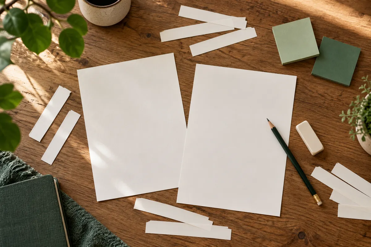 AI-generated still life of paper strips, writing sheets and revision materials.