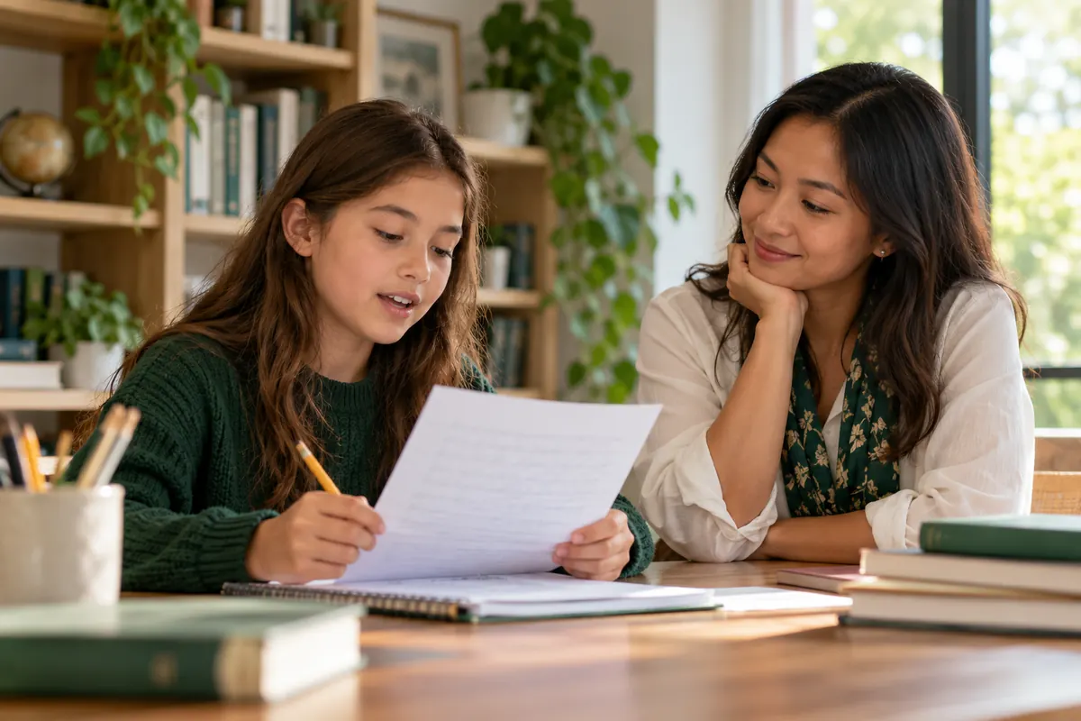 AI-generated scene of a fictional educator listening to a pupil read a paper draft.