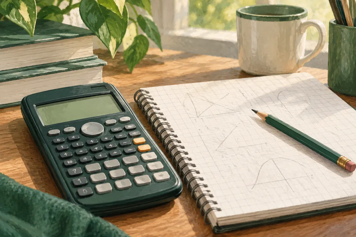 AI-generated calculator and squared notebook prepared for checking.