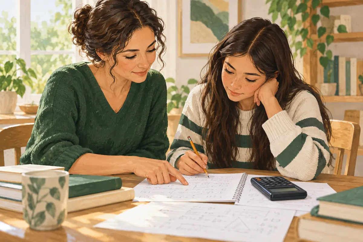 AI-generated educator and teenager checking calculator working.