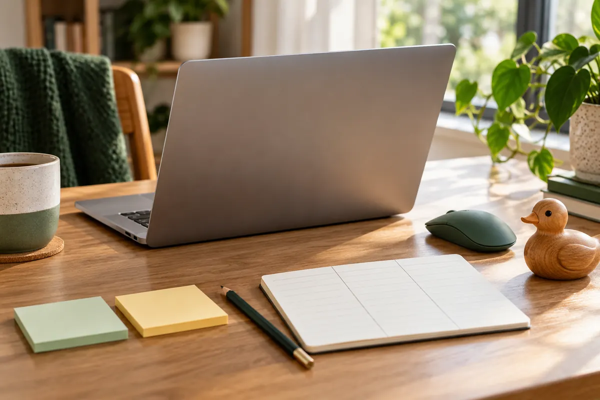 AI-generated coding desk with a laptop, test notebook and small wooden duck.