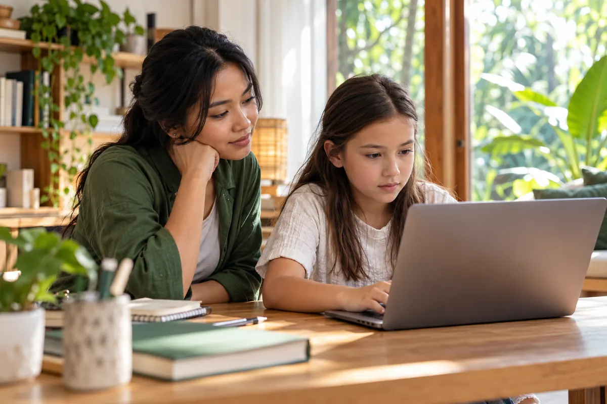 AI-generated scene of a fictional coding educator and child working beside a laptop.
