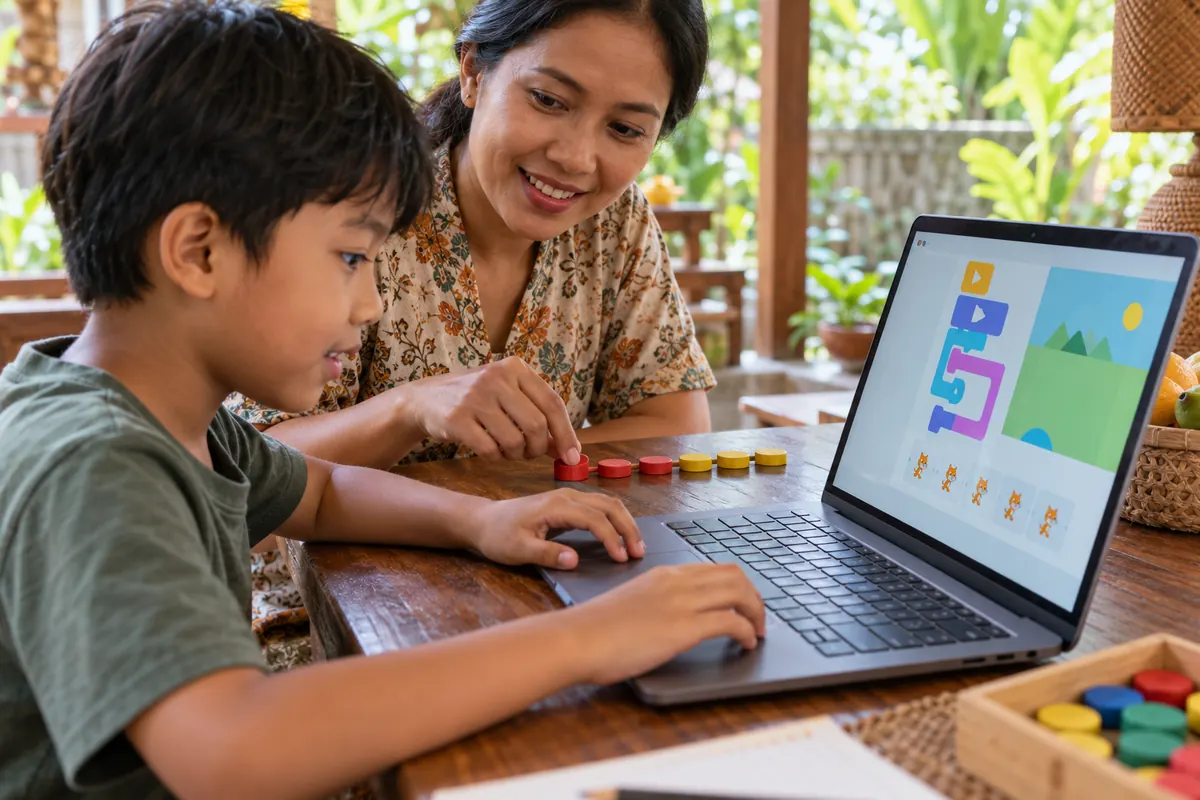 AI-generated photo of a fictional Indonesian coding teacher and child modelling a loop with counters.