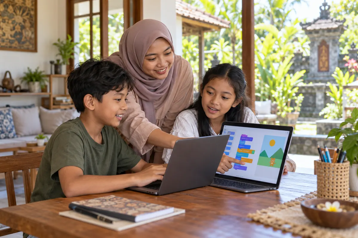 AI-generated photo of a fictional Indonesian coding teacher helping two children test a loop.