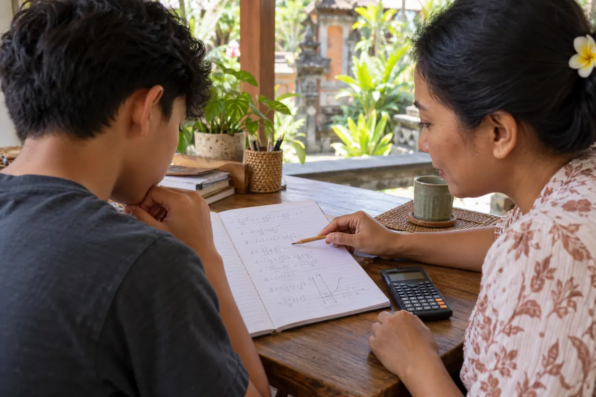 AI-generated photo of a fictional Indonesian teacher pointing to a student’s multi-line maths work.