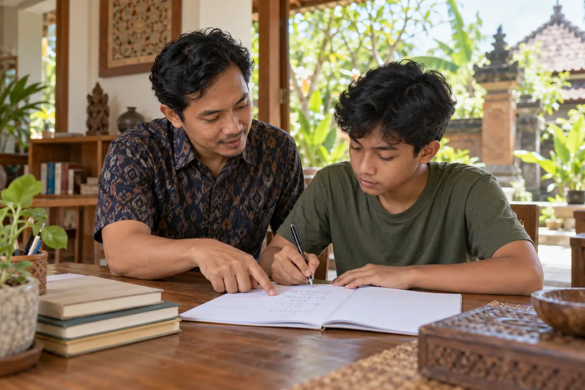 AI-generated photo of a fictional Indonesian maths teacher and student writing a multi-step solution.