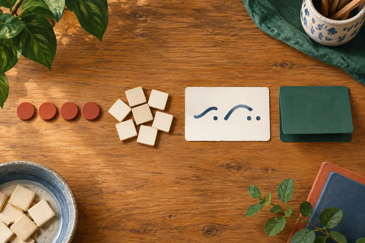 AI-generated sound counters, blank letter tiles, an abstract written form and a cover card arranged in sequence.