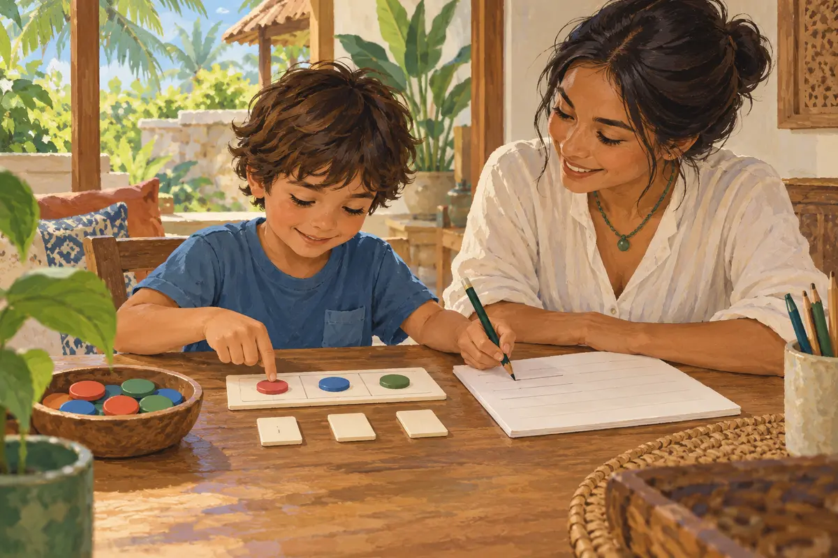 AI-generated child and educator using counters and blank letter tiles to explore one spelling word.