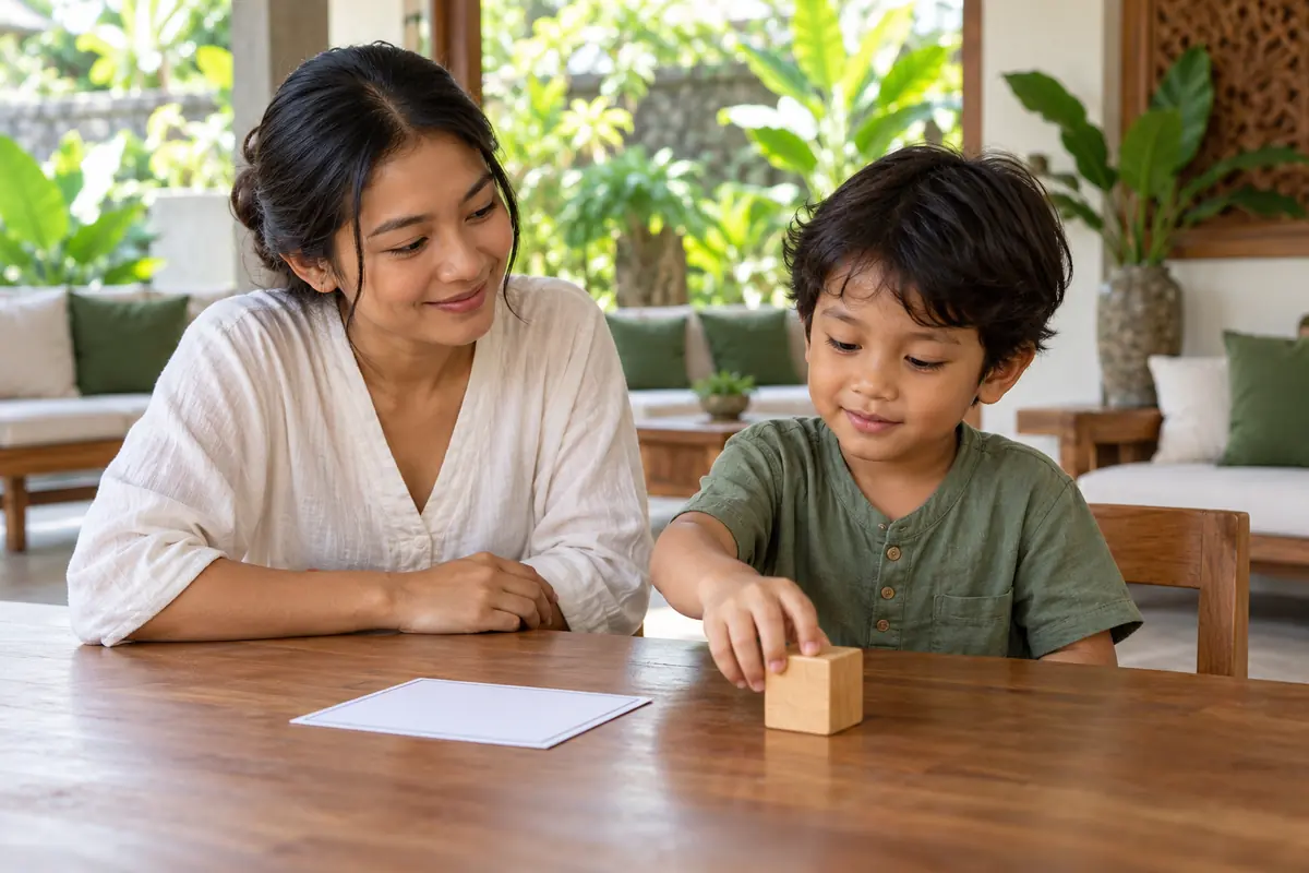 AI-generated photo of a fictional Indonesian teacher pausing while an Indonesian child completes one action with a single cue.