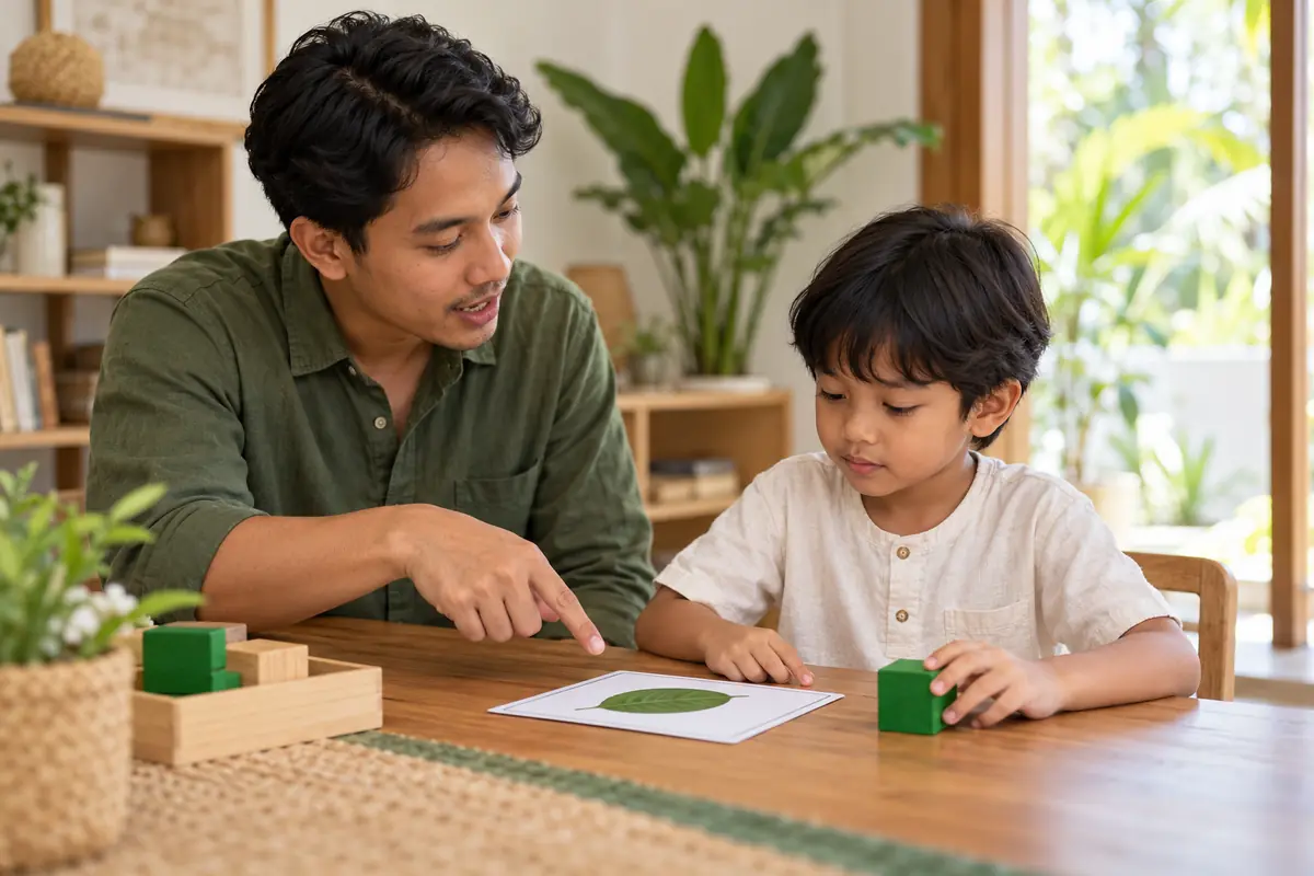 AI-generated photo of a fictional Indonesian teacher giving one clear instruction to an Indonesian child.