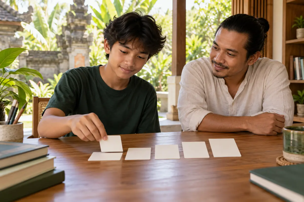 AI-generated photo of a fictional Indonesian teacher and teenager arranging blank cards into a gradual study-stamina ladder.