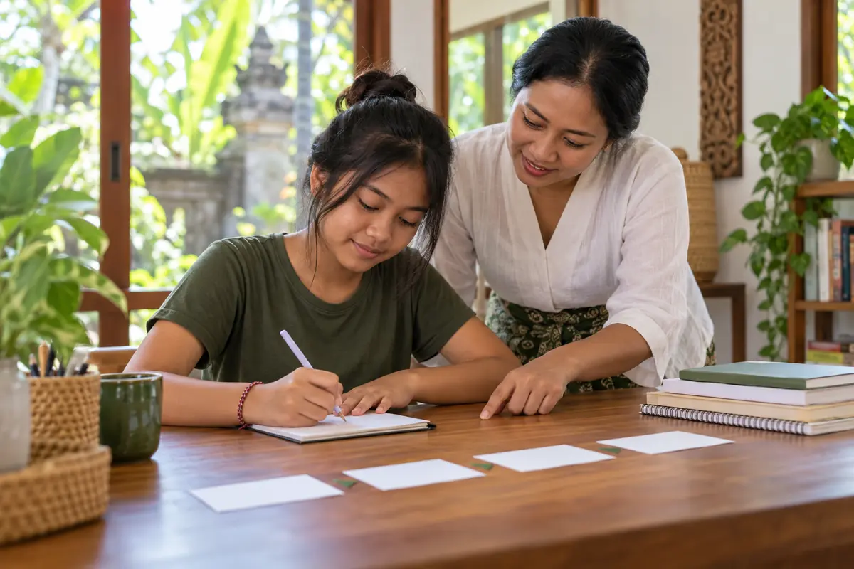 AI-generated photo of a fictional Indonesian teacher supporting an Indonesian teenager with a small study task.