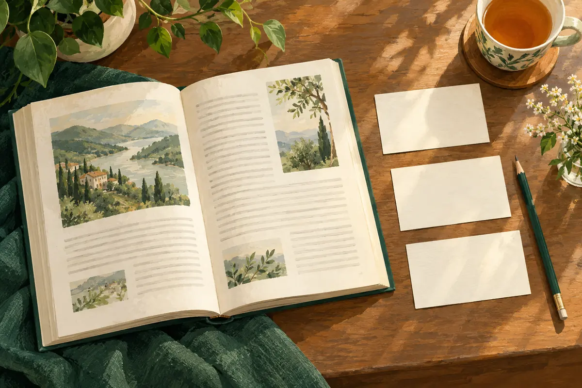 AI-generated open book with three blank note cards on a desk.