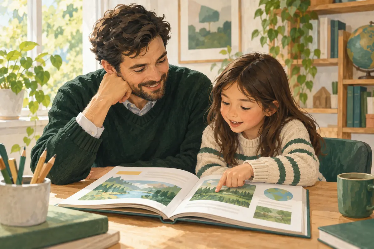 AI-generated fictional educator and child reading a book together.