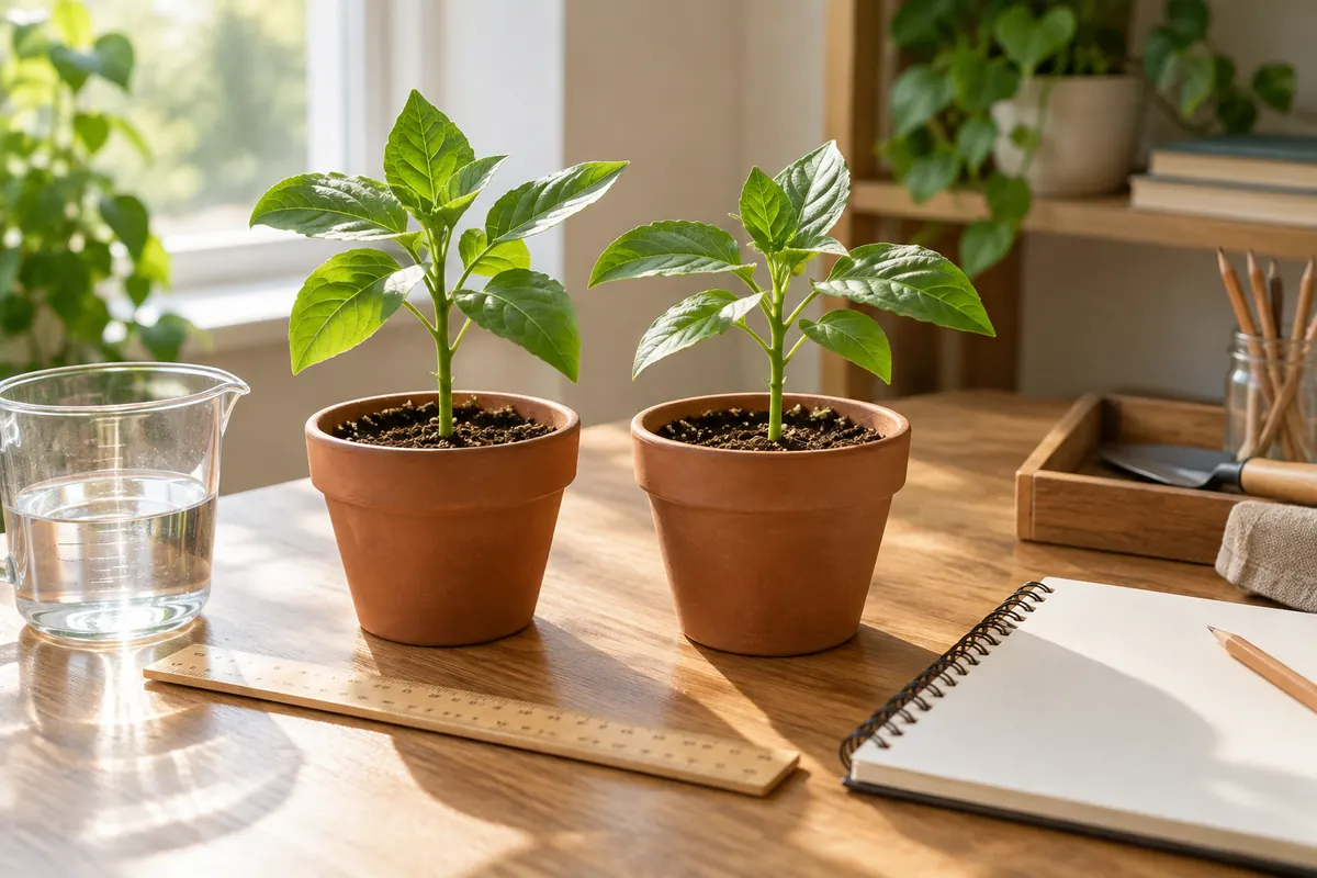 AI-generated illustration of potted seedlings and observation materials.