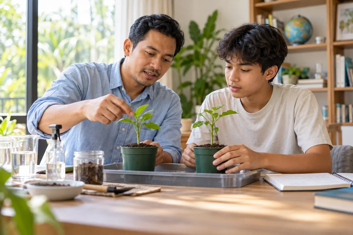 AI-generated illustration of an adult and teenager examining seedlings. People and setting are fictional.