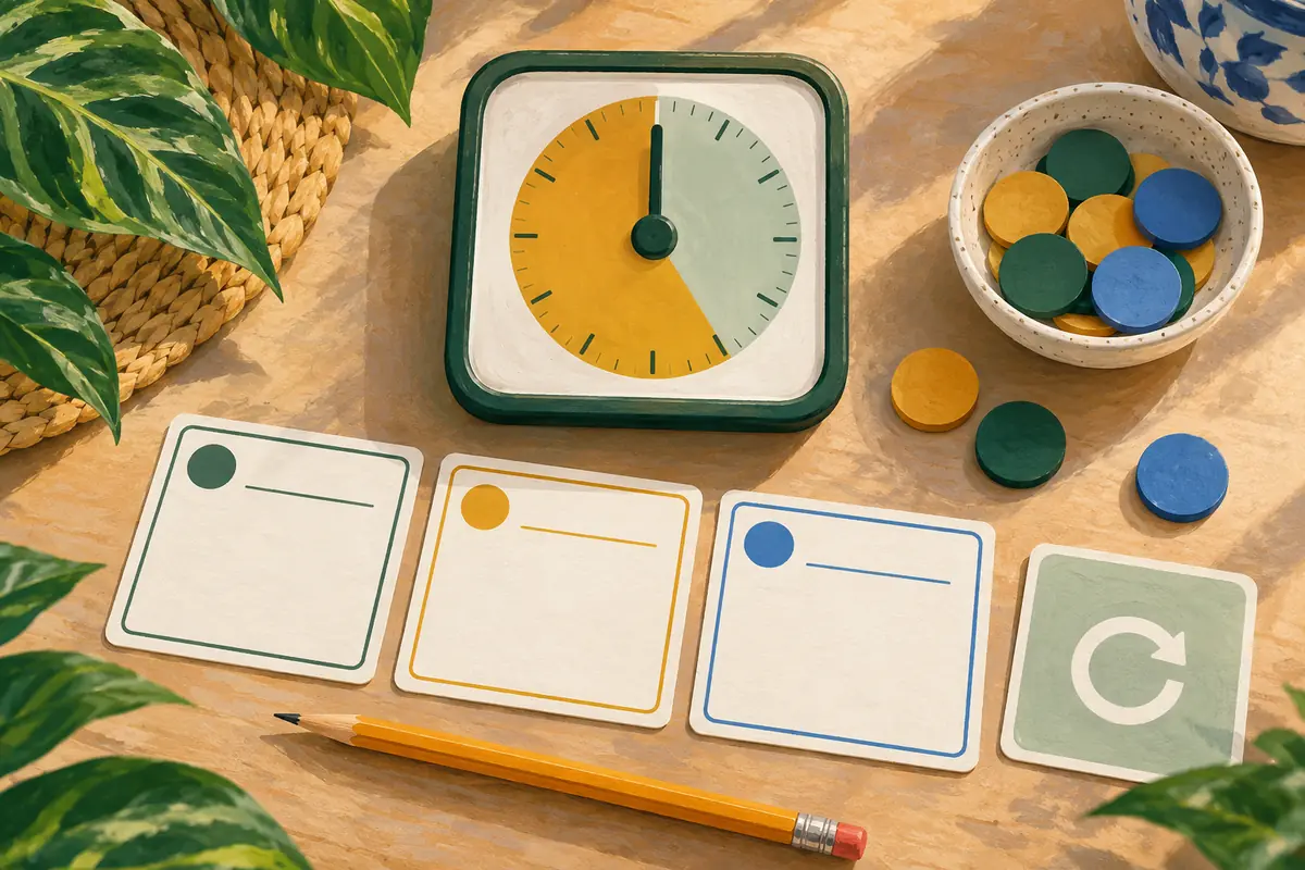 AI-generated visual timer, time tokens and three blank task cards.