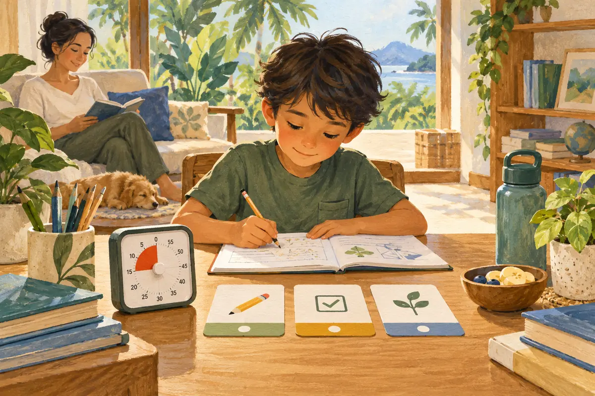 AI-generated child working beside a visual timer and three task cards.