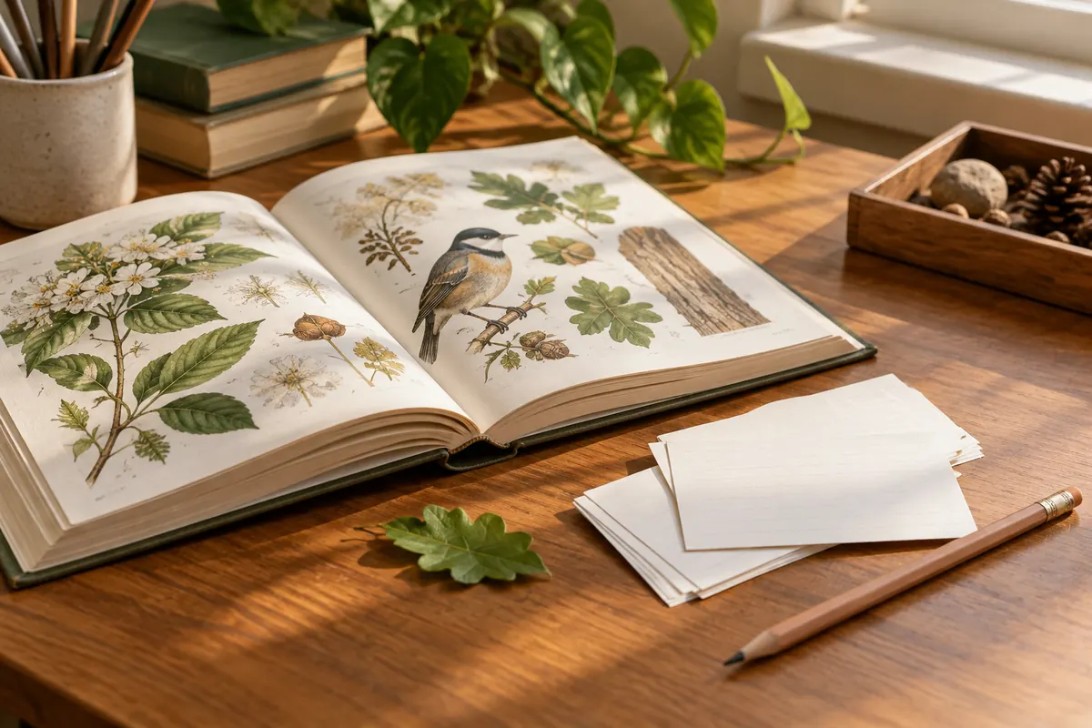 AI-generated illustration of a nature book and blank vocabulary cards.
