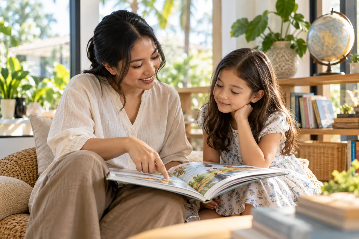 AI-generated illustration of an adult and child discussing a picture book. People and setting are fictional.